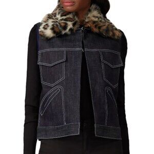 Harvey Faircloth Detachable Leopard Collar Denim Vest Size Large